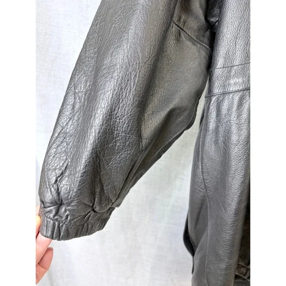 Vintage 1990s Leather Jacket Mens M Black Minimalist Zip Front Retro